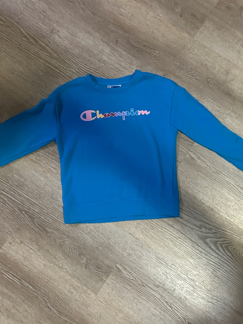 Champion Teal Blue Pullover Sweatshirt with Multicolor Script Logo